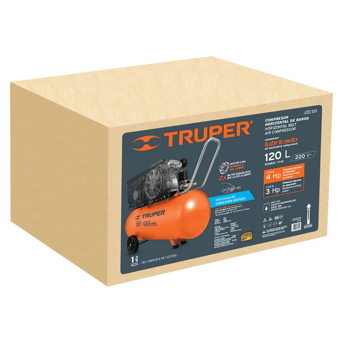 Compresor de Aire 120 Litros 4HP Monofasico 220V, TRUPER COMP-120LH 19359