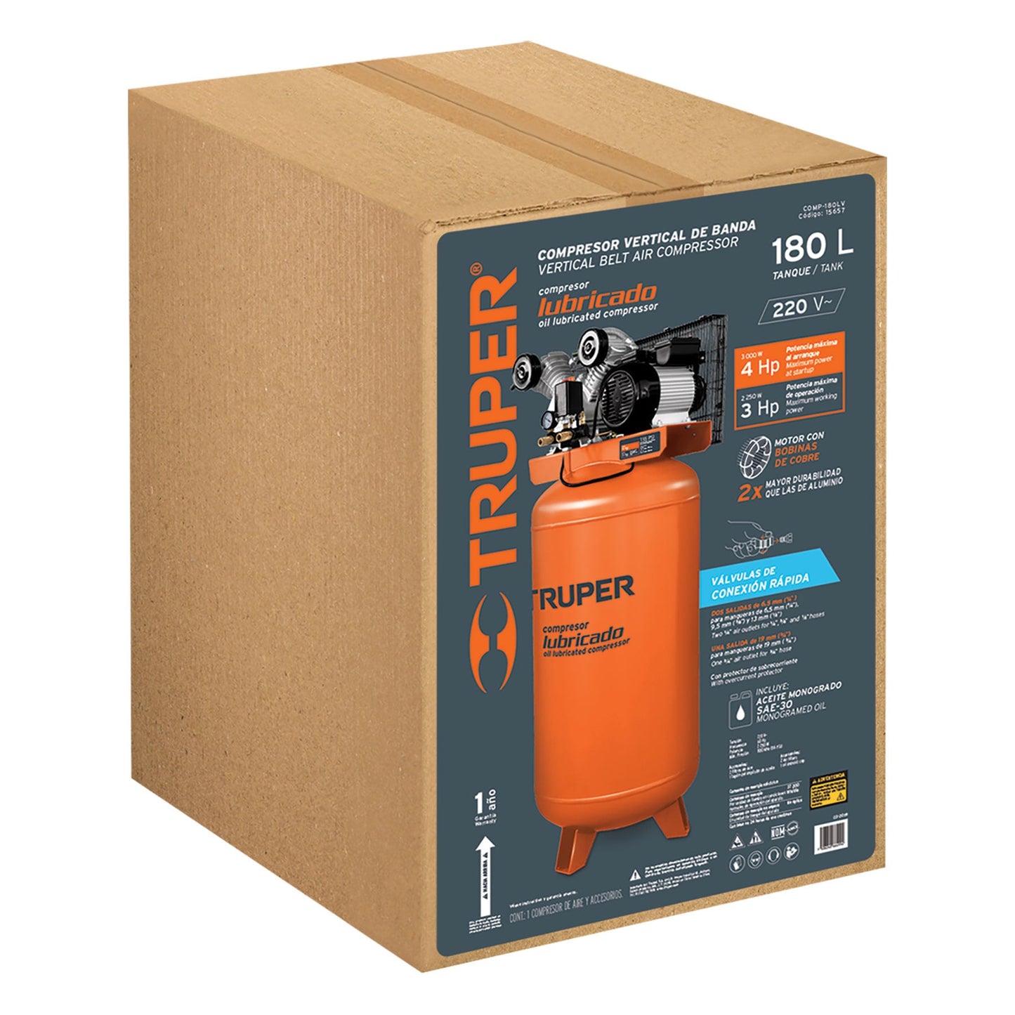 Compresor de Aire 180 Litros Vertical 4HP Monofasico 220V, TRUPER COMP-180LV 15657