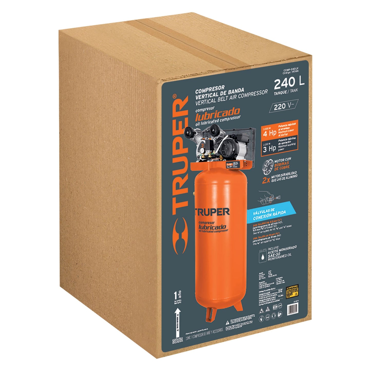 Compresor de Aire 240 Litros Vertical 4HP Monofasico 220V, TRUPER COMP-240LV 19366