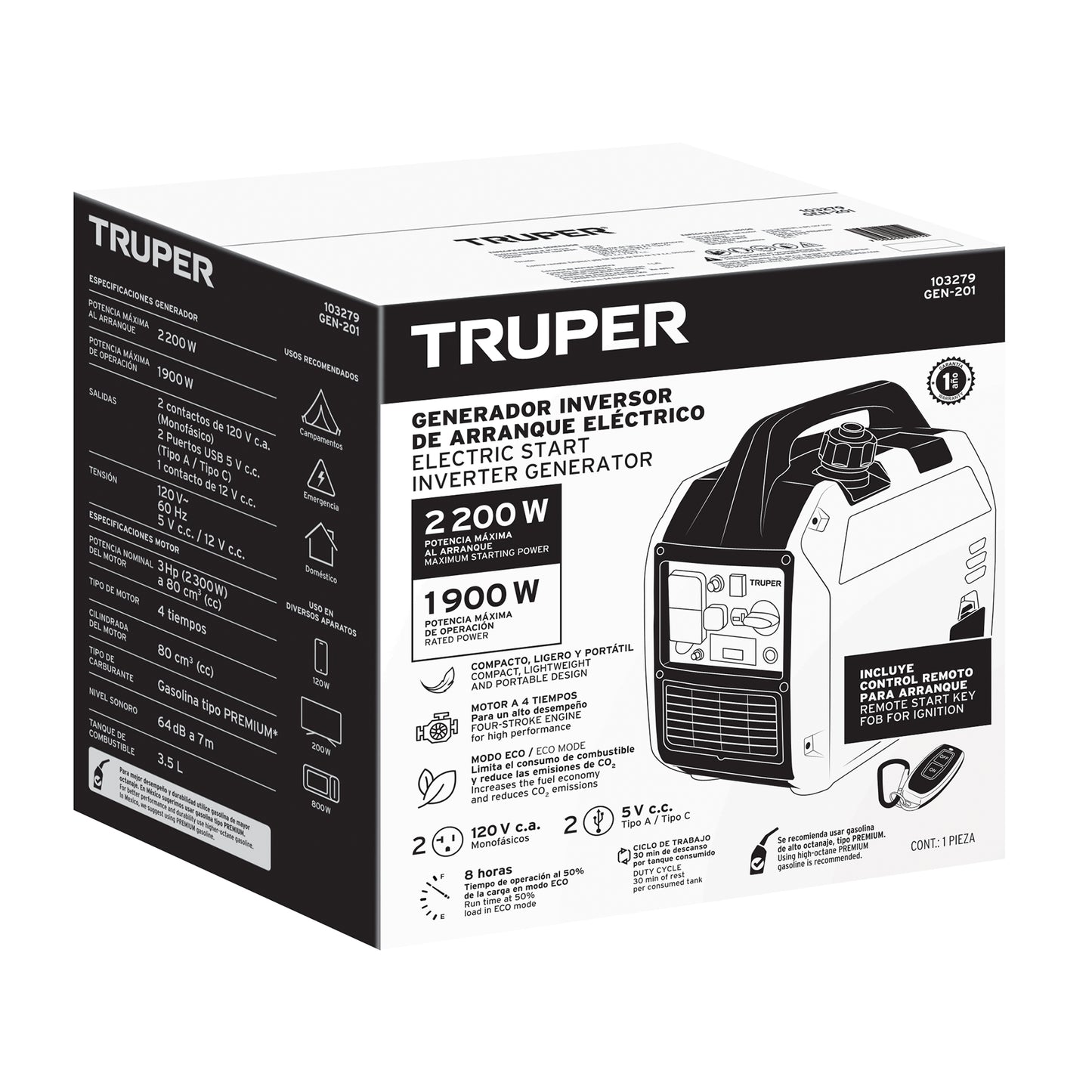 Generador Eléctrico Inverter 2200 Watts Monofasico 110V Truper GEN-201 103279
