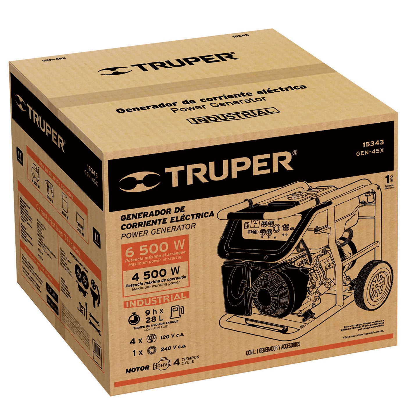 Generador Eléctrico 4500 Watts Monofasico 110/220V Motor a Gasolina 11 hp, Truper GEN-45X 15343