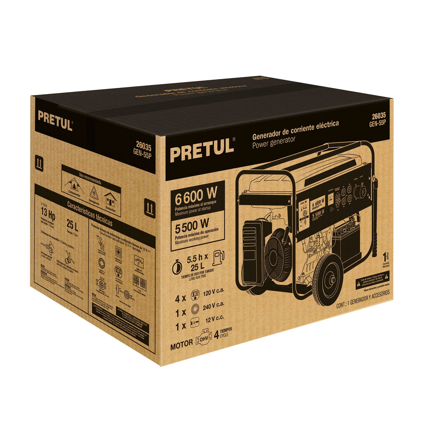 Generador Eléctrico 5500 Watts Monofasico 110/220V Motor a Gasolina 13 hp, Pretul GEN-55P 26035