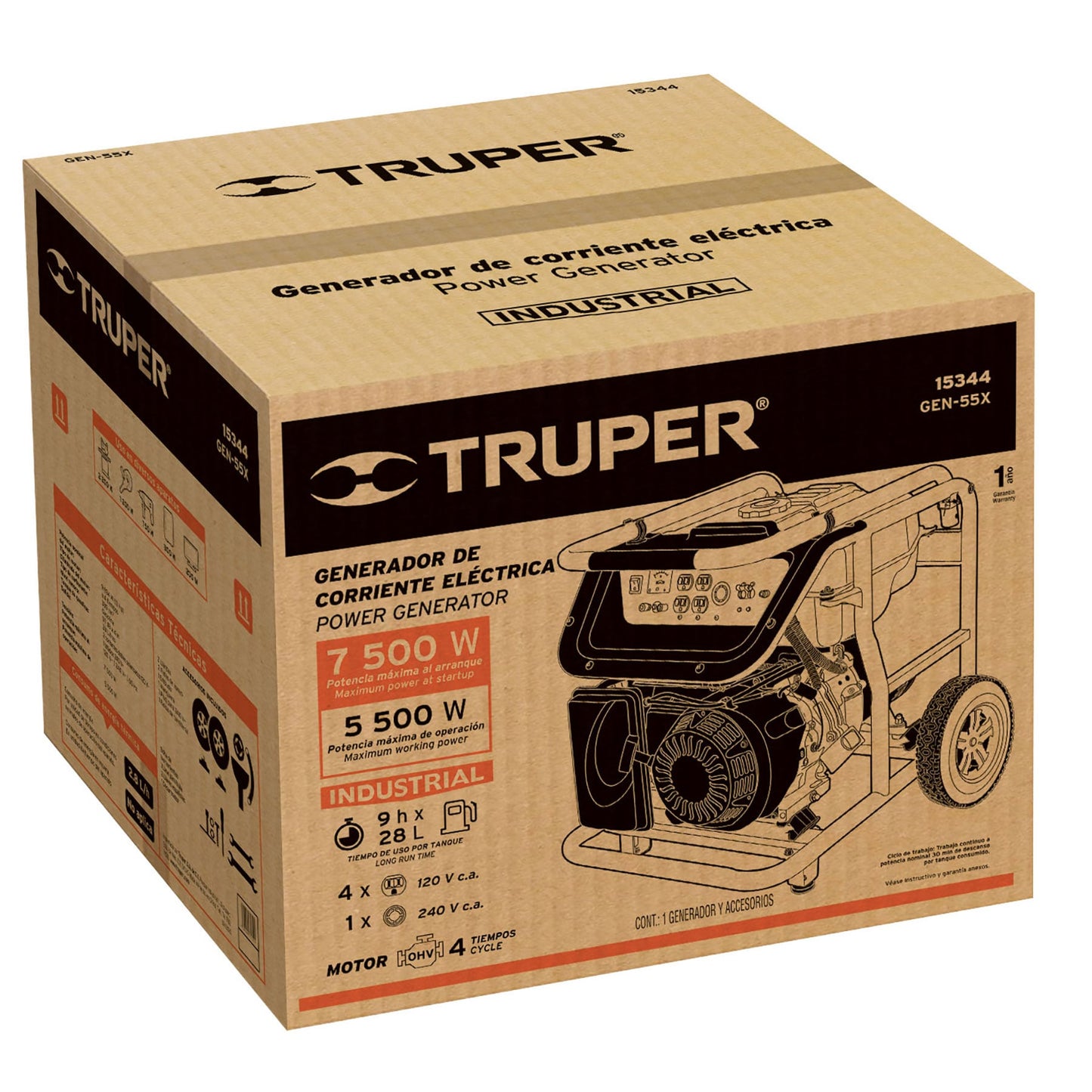 Generador Eléctrico 5500 Watts Monofasico 110/220V Motor a Gasolina 13 hp, Truper GEN-55X 15344