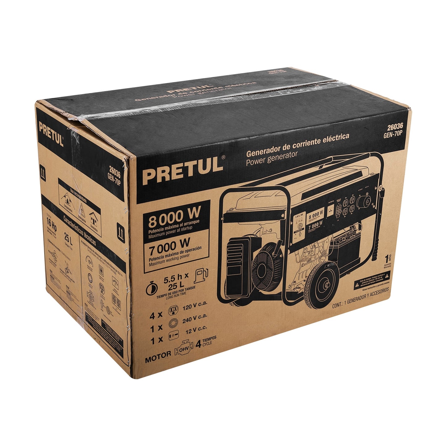 Generador Eléctrico 7000 Watts Monofasico 110/220V Motor a Gasolina 16 hp, Pretul GEN-70P 26036
