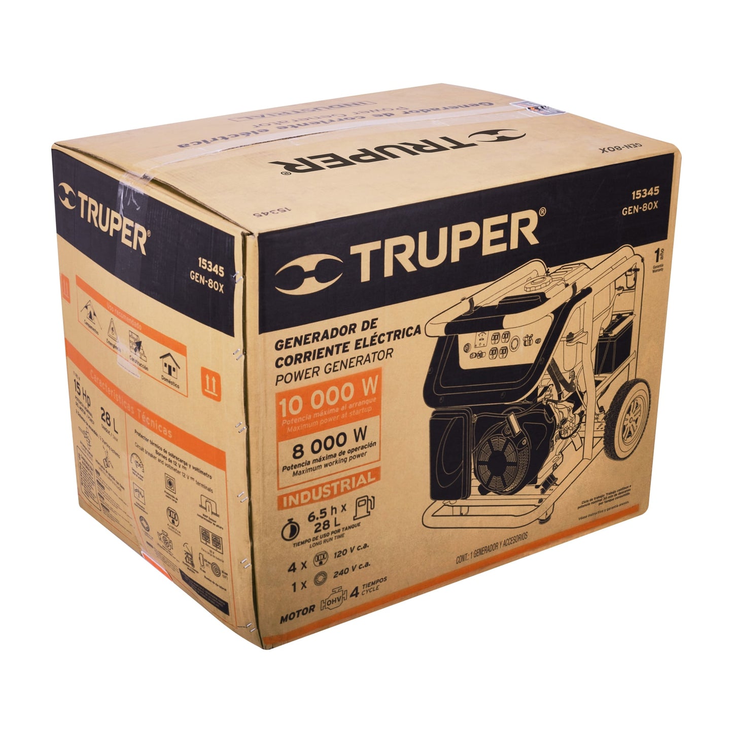 Generador Eléctrico 8000 Watts Monofasico 110/220V Motor a Gasolina 15 hp, Truper GEN-80X 15345