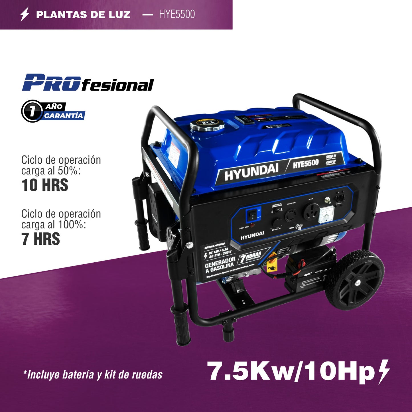 Generador a Gasolina Hyundai 5500 Watts Portatil Monofasico 110V - 220V Motor 10 Hp HYE5500