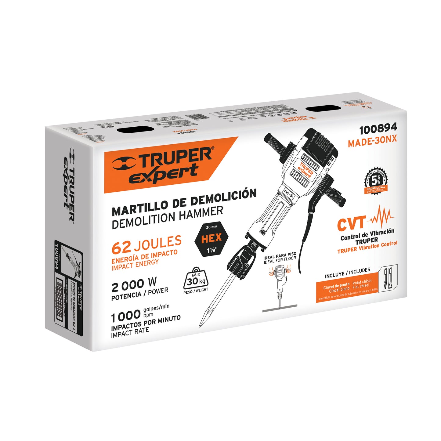 Martillo Demoledor Electrico 30 kg, Hex 62J, 2000W, TRUPER EXPERT MADE-30NX 100894