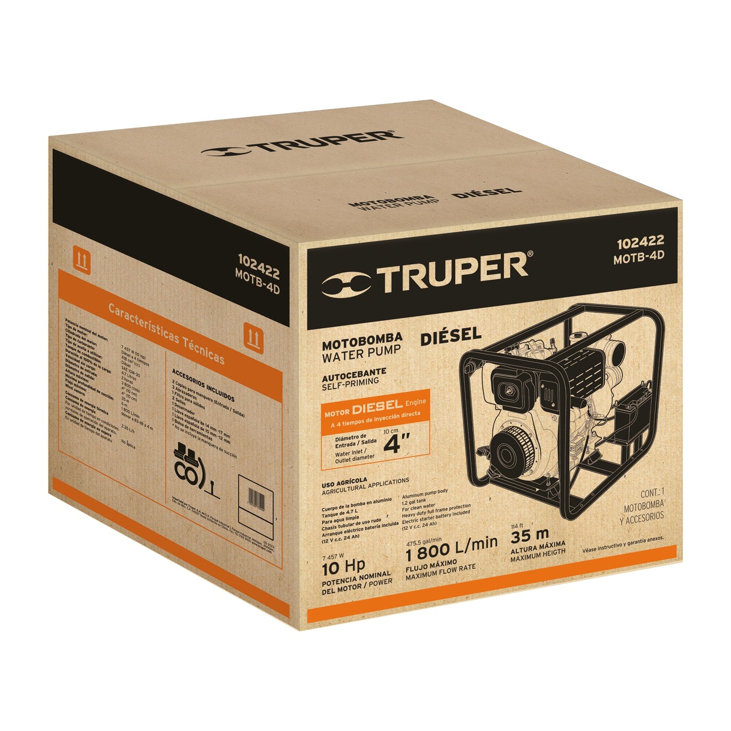 Motobomba Autocebante 4"x4" Motor a Diesel 10HP TRUPER MOTB-4D 102422