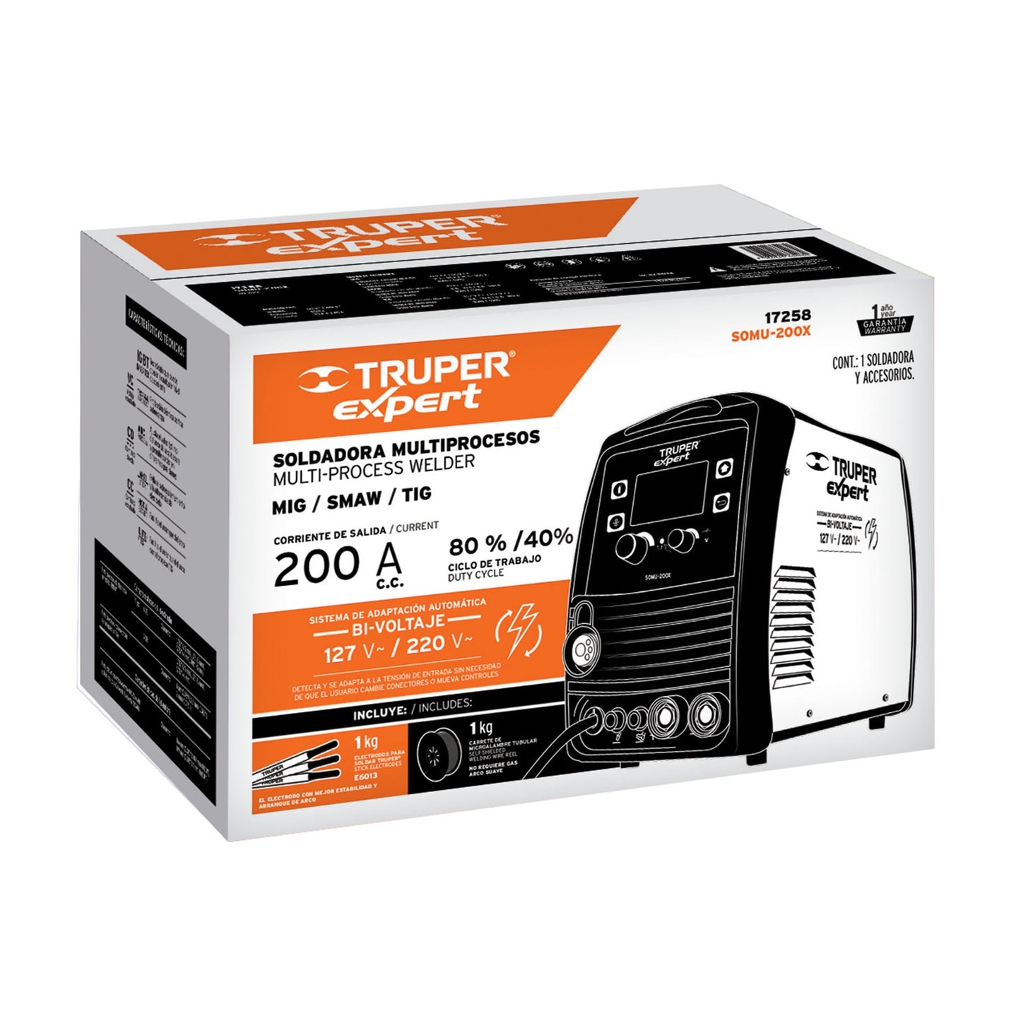 Soldadora Multiproceso de 200 Amperes Bifsica, Electroco, MIG con gas, TIG, GMAW sin gas y FCAW Truper Expert SOMU-200X 17258