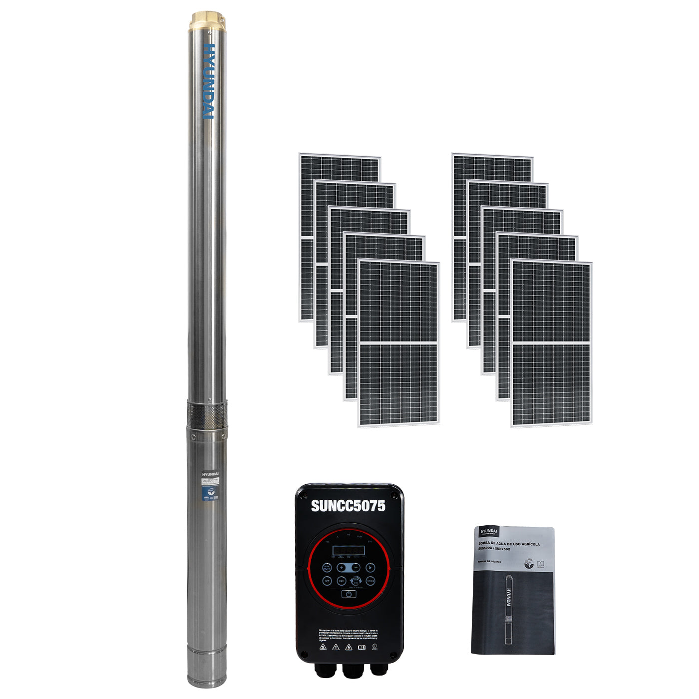Bomba de Agua Sumergible Solar 7 hp Con 10 Paneles Solares Y Caja De Control Inverter Uso Profesional Hyundai – Sun750x