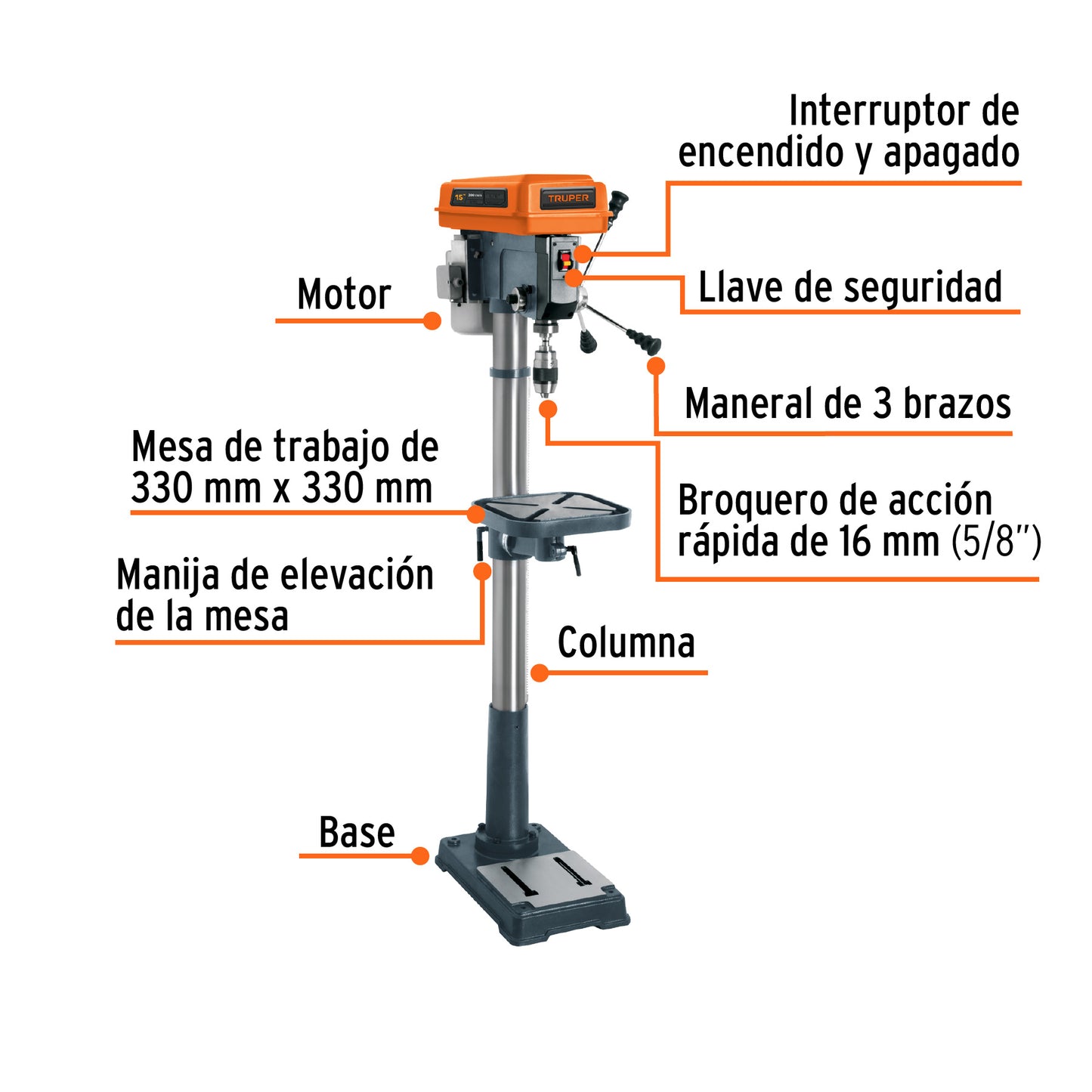 Taladro de piso 15" 1 HP 750 W Con Broquero 5/8" Monofasico 120V Truper TAPI-15 16180