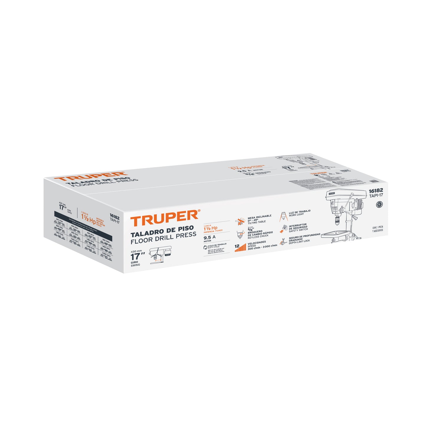 Taladro de piso 17" 1.5 HP 1200 W Con Broquero 5/8" Monofasico 120V Truper TAPI-17 16182