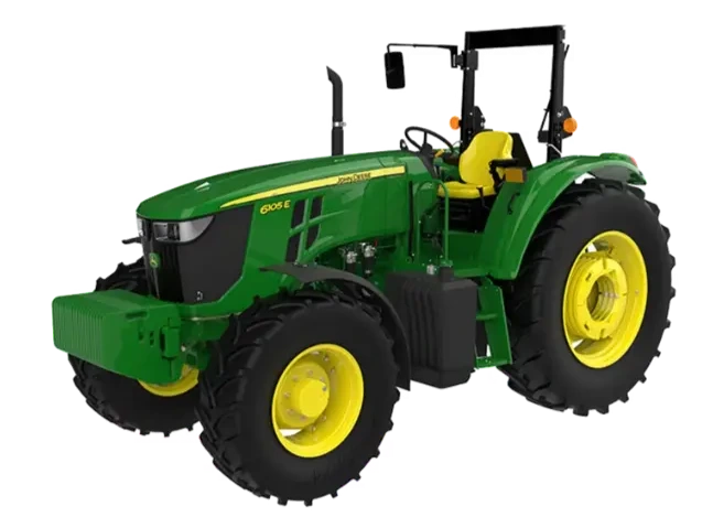 Tractor John Deere 6105E en campo abierto, ideal para labores agrícolas con 100 hp y