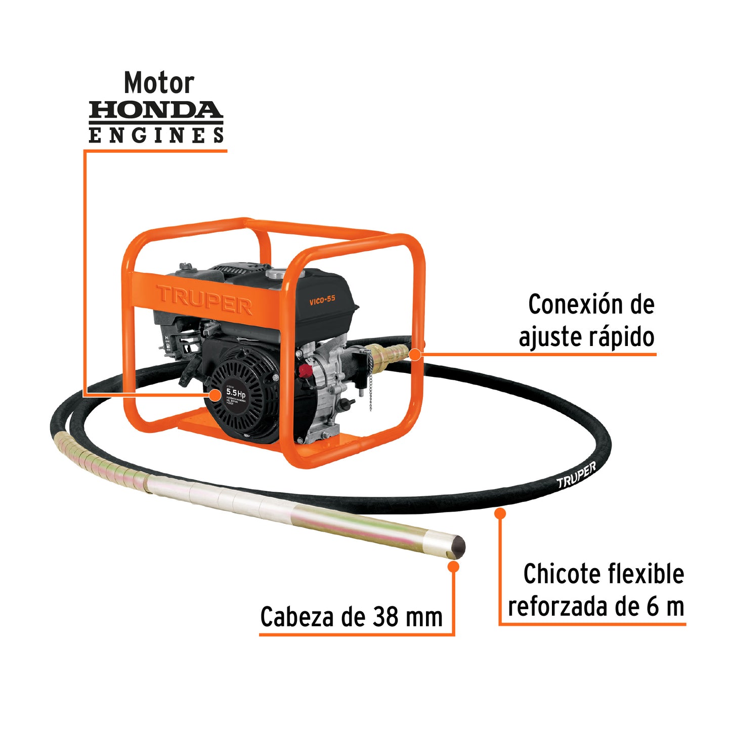 Vibrador Para Concreto Motor a Gasolina 5.5 HP Truper Chicote 6 Metros VICO-55 103237