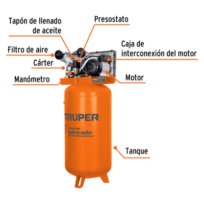 Compresor de Aire 180 Litros Vertical 4HP Monofasico 220V, TRUPER COMP-180LV 15657