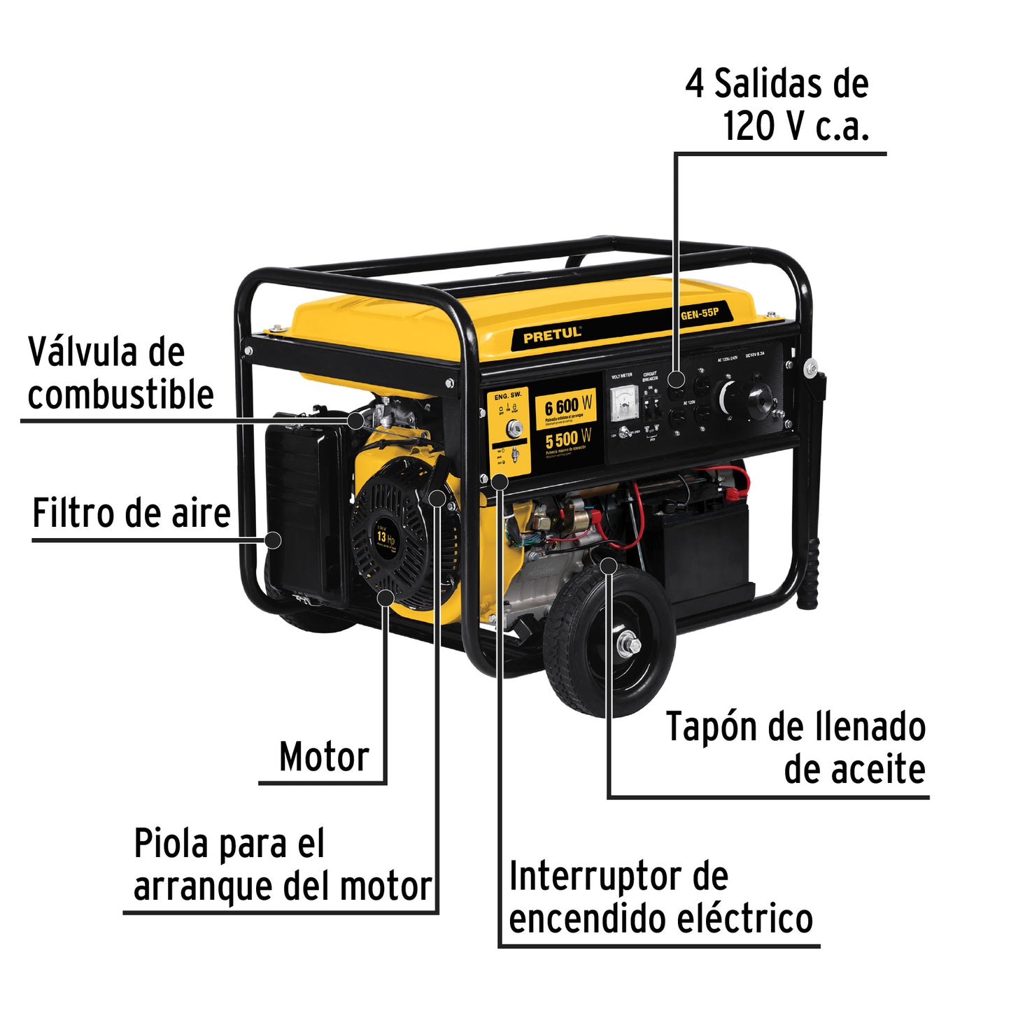 Generador Eléctrico 5500 Watts Monofasico 110/220V Motor a Gasolina 13 hp, Pretul GEN-55P 26035