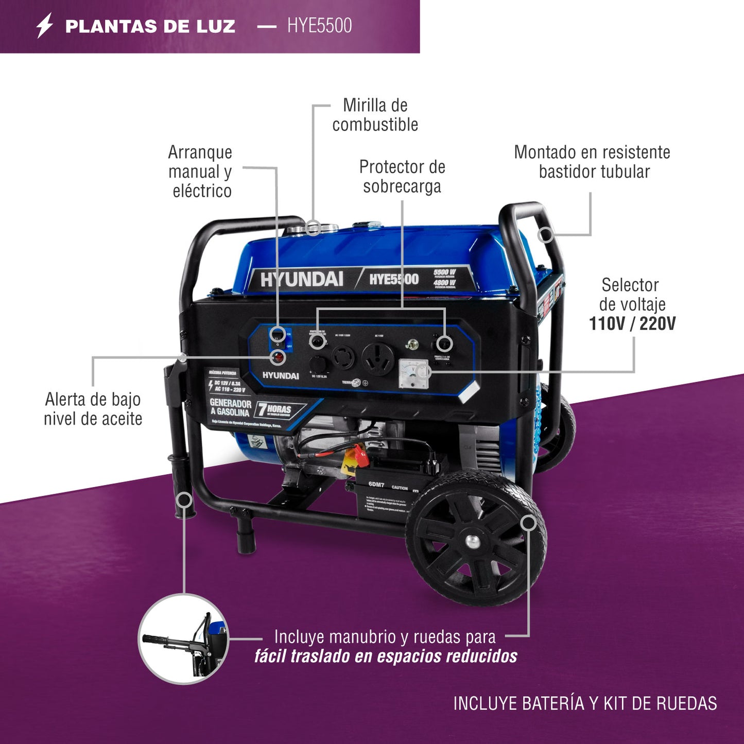 Generador a Gasolina Hyundai 5500 Watts Portatil Monofasico 110V - 220V Motor 10 Hp HYE5500