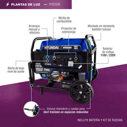 Generador a Gasolina Hyundai 5500 Watts Portatil Monofasico 110V - 220V Motor 10 Hp HYE5500