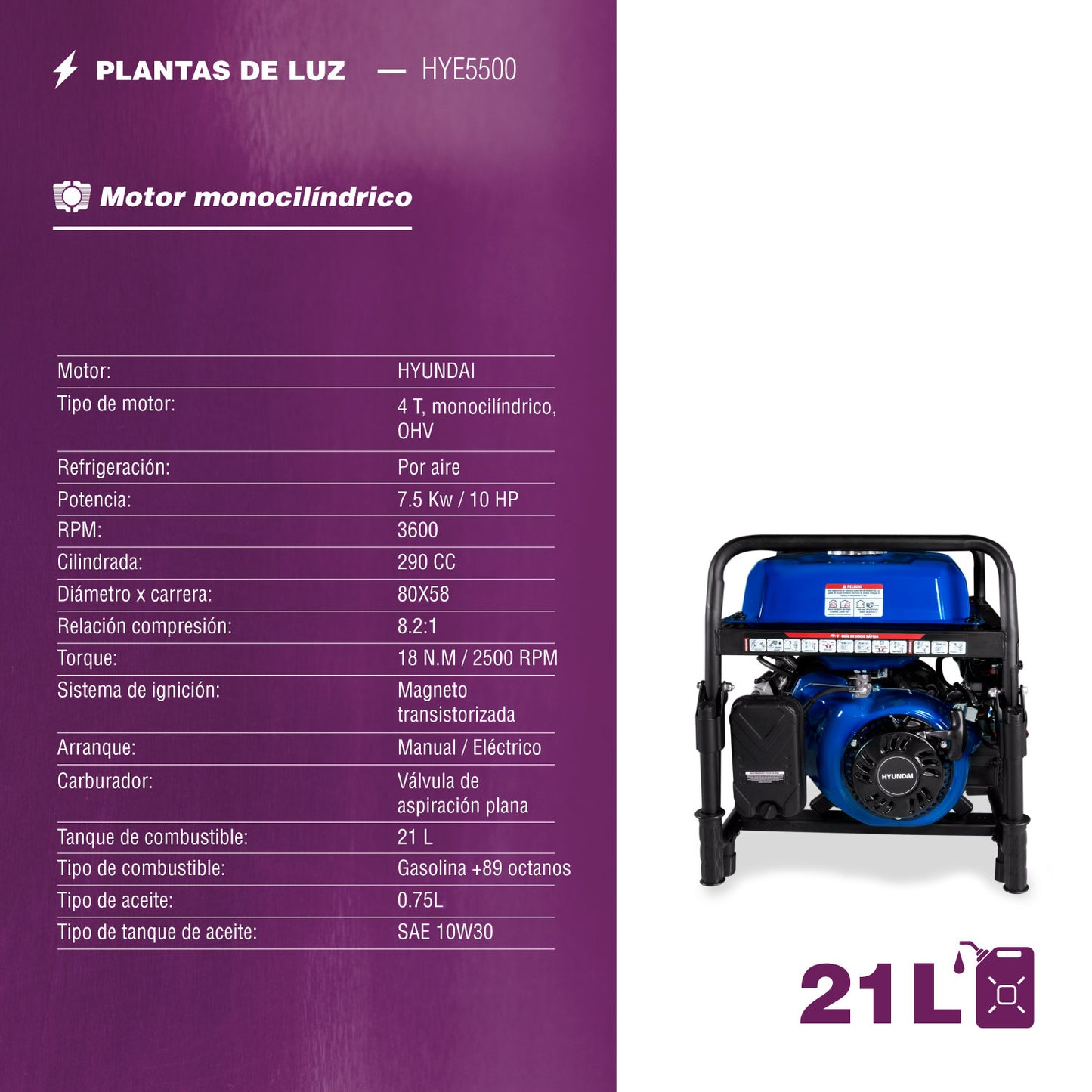 Generador a Gasolina Hyundai 5500 Watts Portatil Monofasico 110V - 220V Motor 10 Hp HYE5500