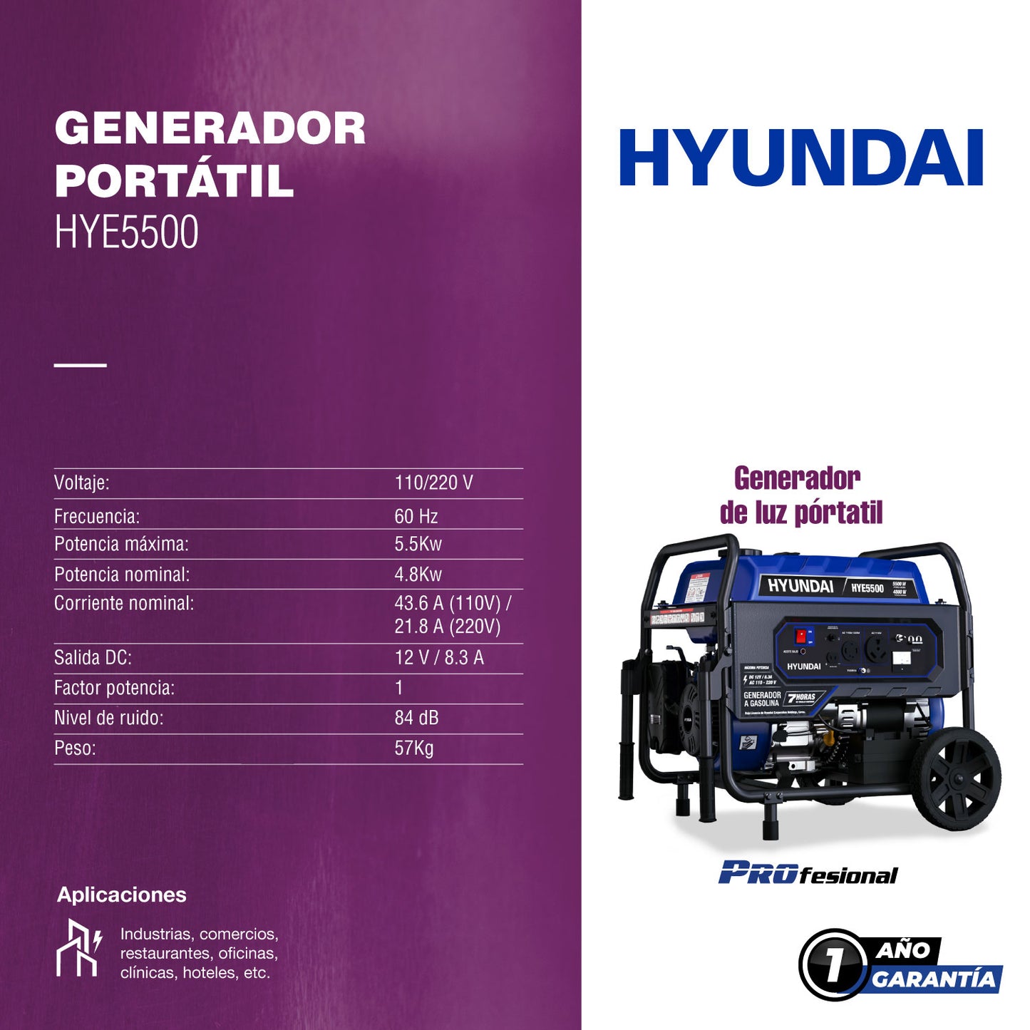 Generador a Gasolina Hyundai 5500 Watts Portatil Monofasico 110V - 220V Motor 10 Hp HYE5500