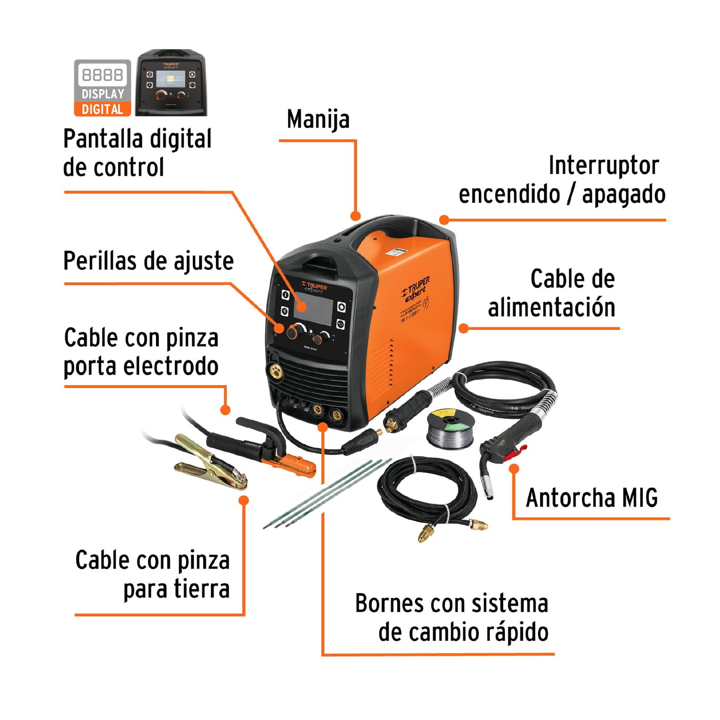Soldadora Multiproceso de 200 Amperes Bifsica, Electroco, MIG con gas, TIG, GMAW sin gas y FCAW Truper Expert SOMU-200X 17258