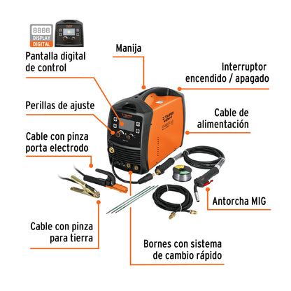 Soldadora Multiproceso de 200 Amperes Bifsica, Electroco, MIG con gas, TIG, GMAW sin gas y FCAW Truper Expert SOMU-200X 17258