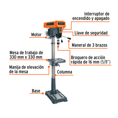 Taladro de piso 17"  1.5 HP 1200 W Con Broquero 5/8" Monofasico 120V Truper TAPI-17  16182