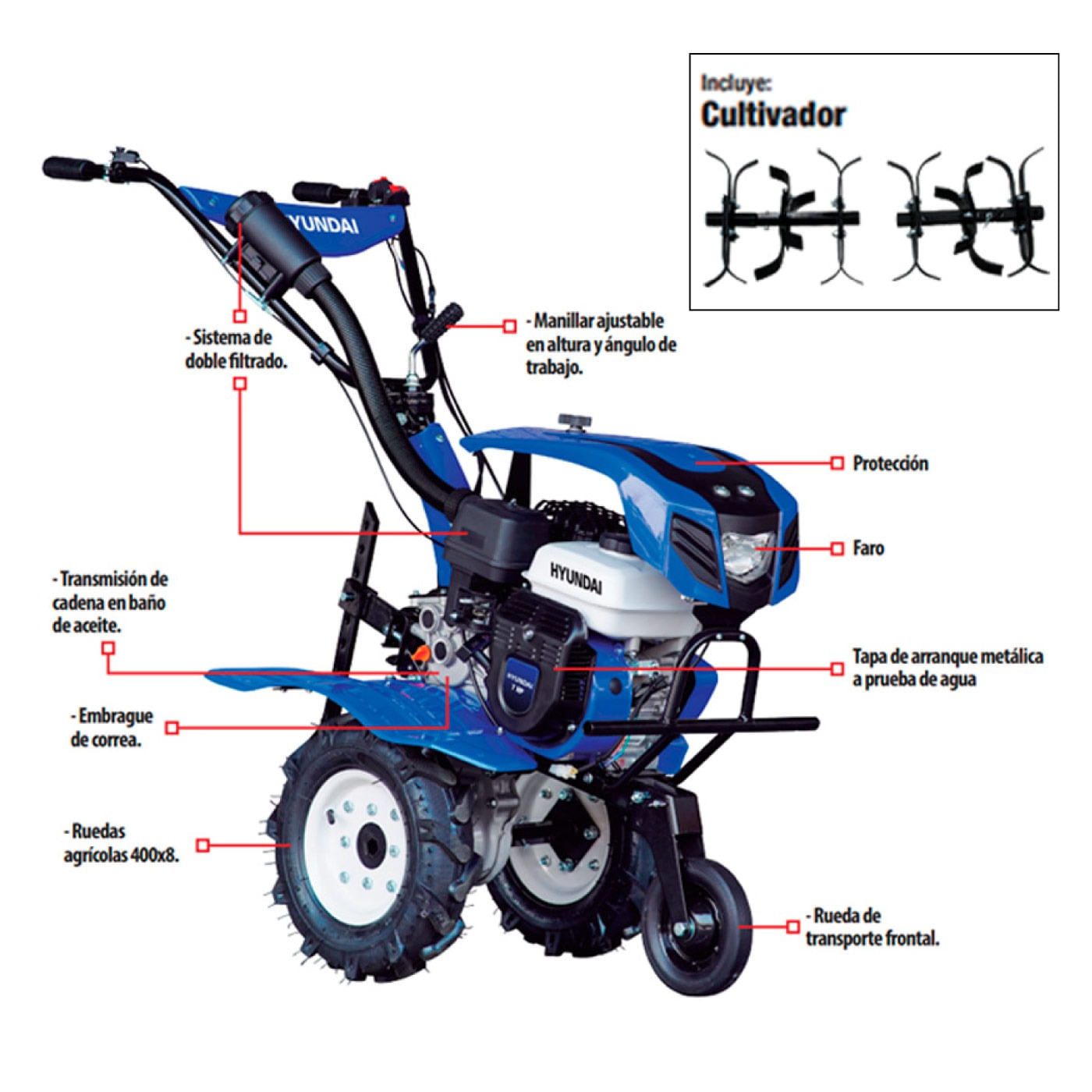 Motoazada Profesional Hyundai 7 Hp 3 Velocidades Con Cultivador y Faro – Ram750xt